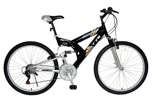 TITAN Punisher Dual-Suspension All-Terrain Men’s Mountain Bike, 21-Speed, Black and Gold